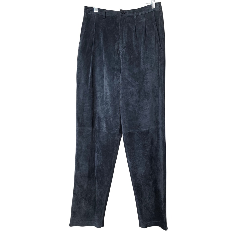 Brandon Thomas Pants Womens 10 Navy Blue Leather Suede Pleated Straight Leg